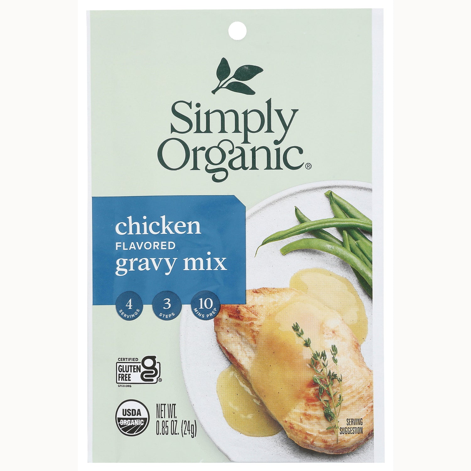 SMP049 | Simply Organic chicken flavored gravy mix packet showing plated chicken with gravy and USDA Organic logo