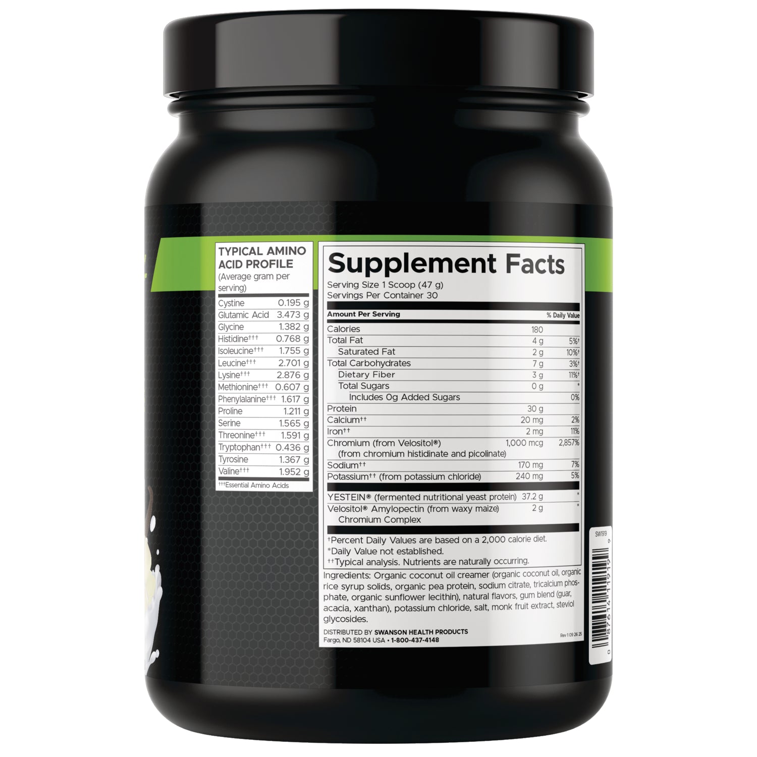 SW1919 | Back label showing Supplement Facts panel and ingredient list on black supplement tub
