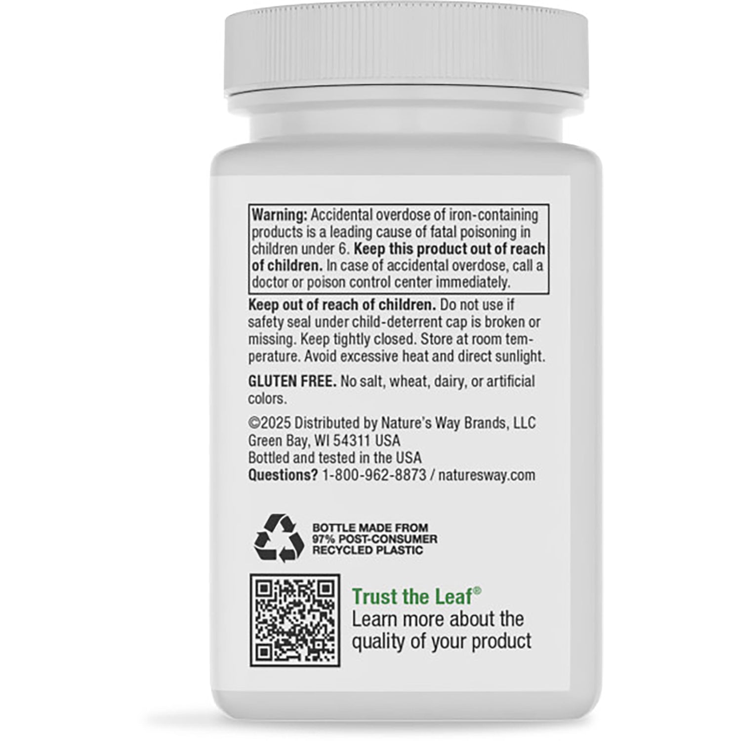 Brown supplement bottle back with green label reading nutrients to support healthy red blood cell production, barcode, and recycling symbol