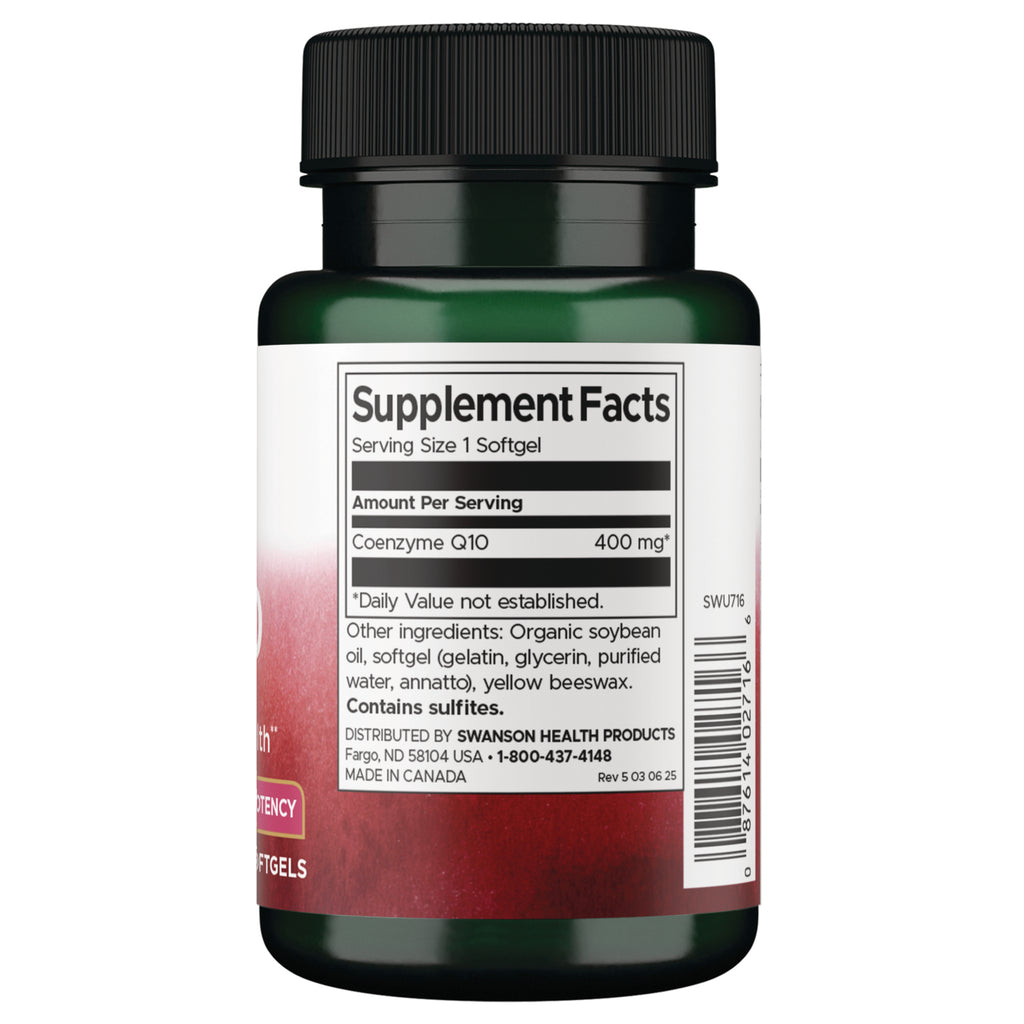 SWU716 | Back of supplement bottle showing Supplement Facts panel with Coenzyme Q10 400 mg - Thumbnail