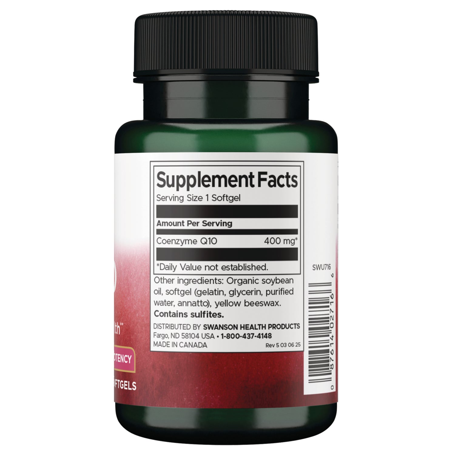 SWU716 | Back of supplement bottle showing Supplement Facts panel with Coenzyme Q10 400 mg