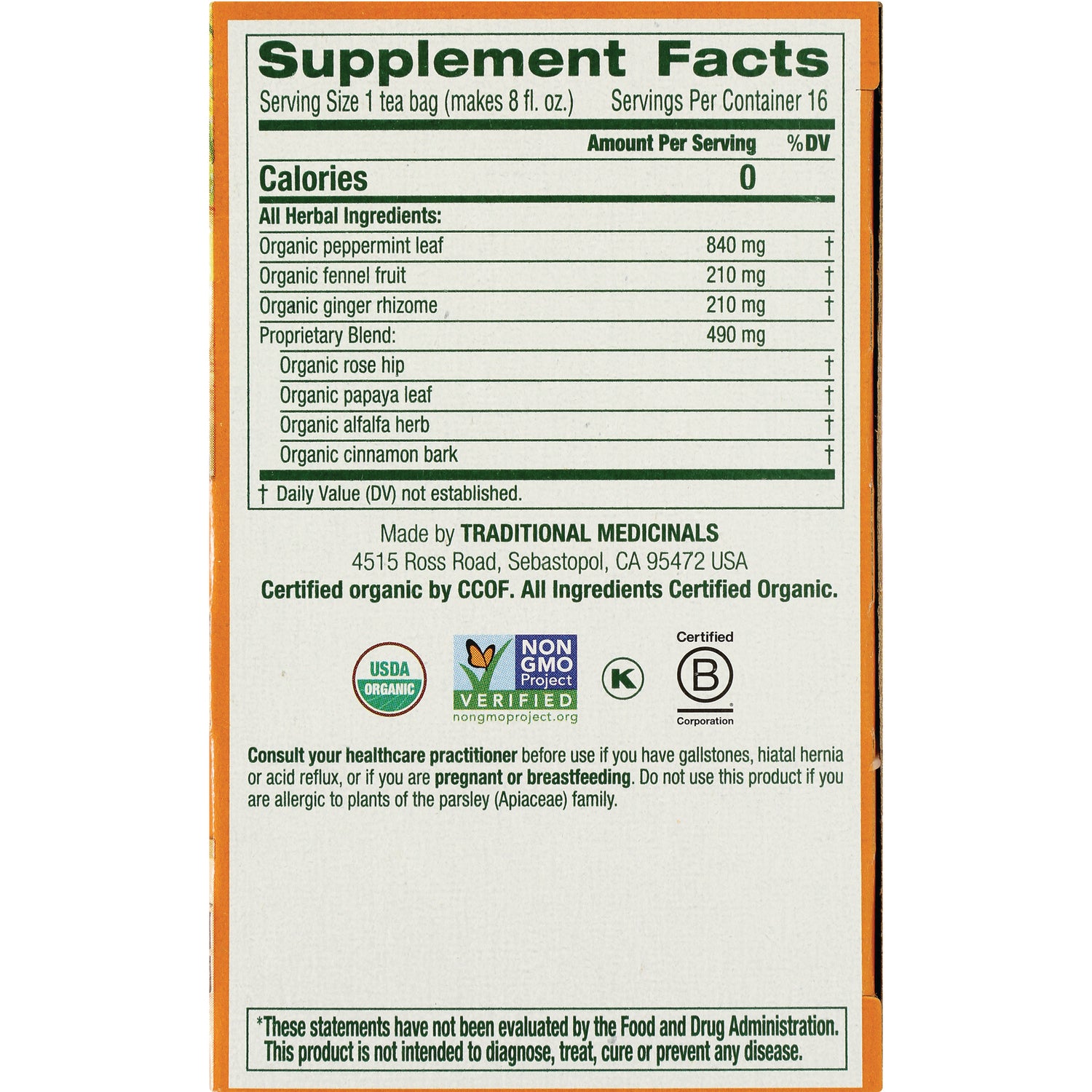 TMD032 | Back panel with Supplement Facts and organic ingredients; USDA Organic, Non-GMO, Kosher, B Corp logos