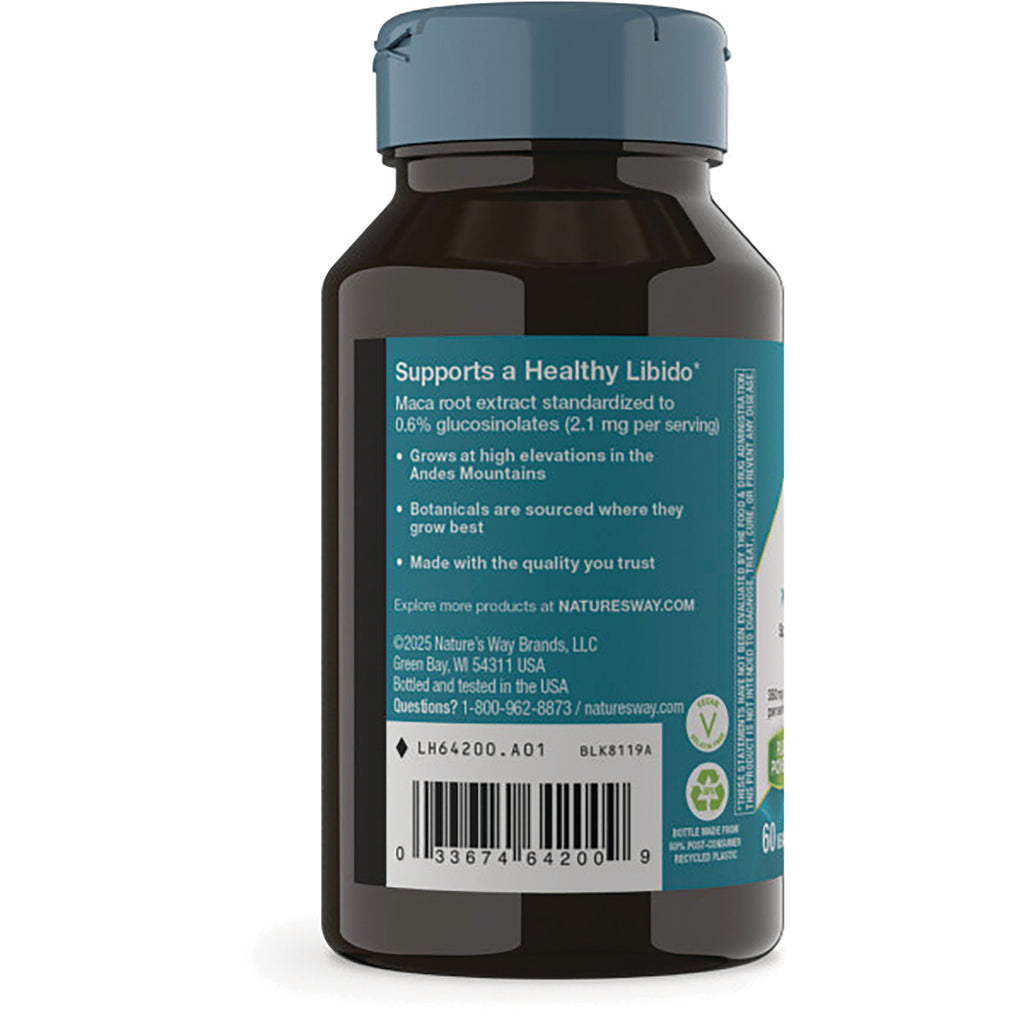 NW772 | Back of dark supplement bottle with teal label reading Supports a Healthy Libido, barcode and recycling icons - Thumbnail