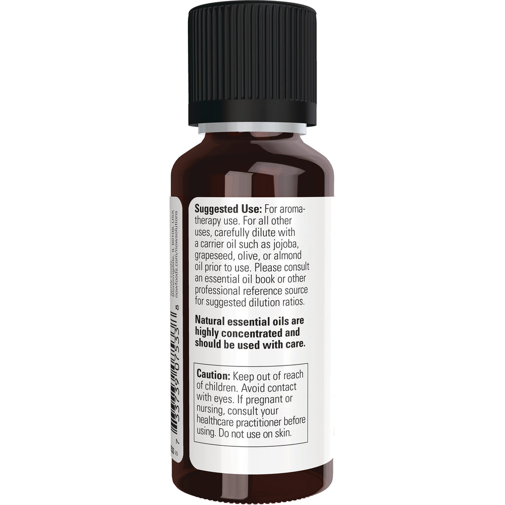 NWF1014 | Back label of amber essential oil bottle showing suggested use, caution, and dilution instructions - Thumbnail