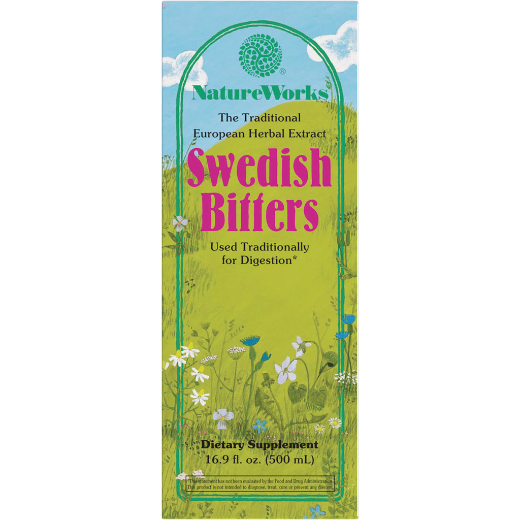 NR003 | NatureWorks Swedish Bitters front panel with green meadow illustration, dietary supplement 16.9 fl oz - Thumbnail