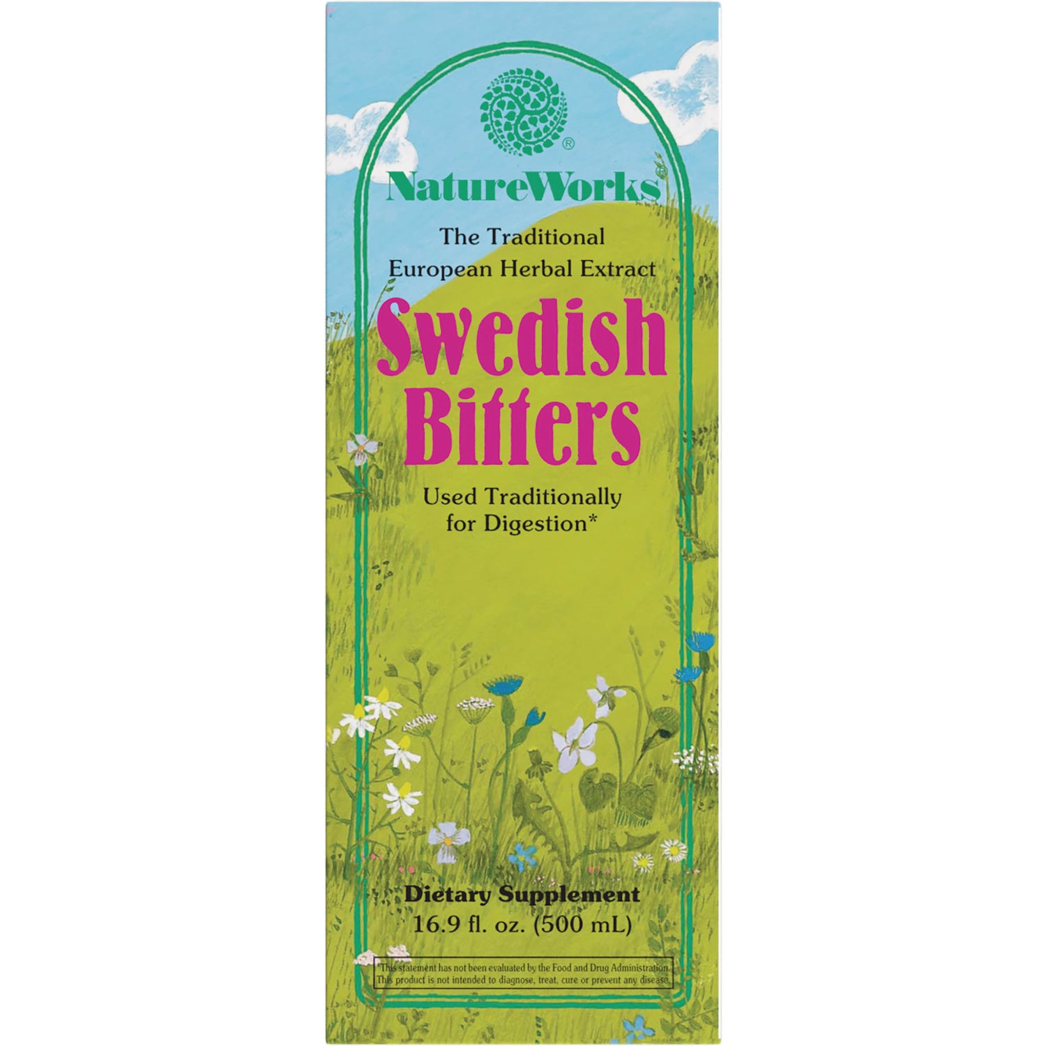 NR003 | NatureWorks Swedish Bitters front panel with green meadow illustration, dietary supplement 16.9 fl oz