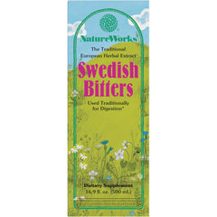 NR003 | NatureWorks Swedish Bitters front panel with green meadow illustration, dietary supplement 16.9 fl oz