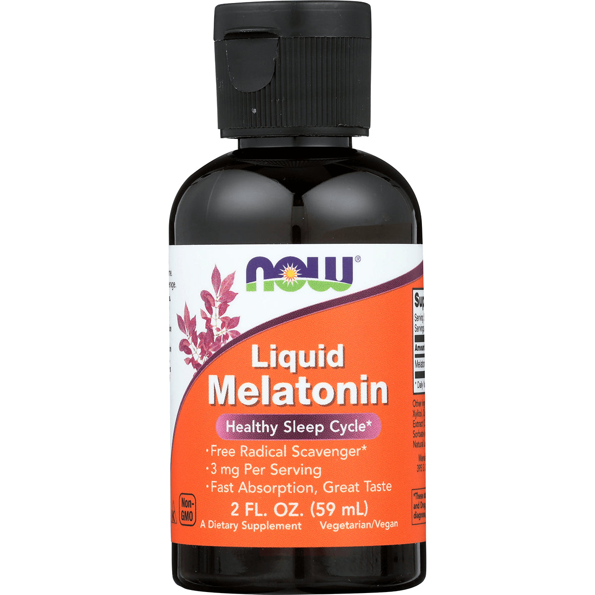 NWF326 | NOW Liquid Melatonin 2 fl oz bottle with orange label stating 3 mg per serving and Healthy Sleep Cycle