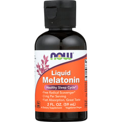 NWF326 | NOW Liquid Melatonin 2 fl oz bottle with orange label stating 3 mg per serving and Healthy Sleep Cycle