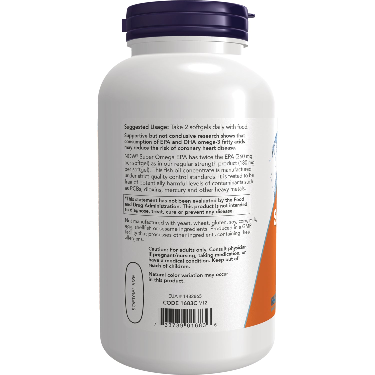 NWF912 | back label of white supplement bottle showing suggested usage, warnings and barcode