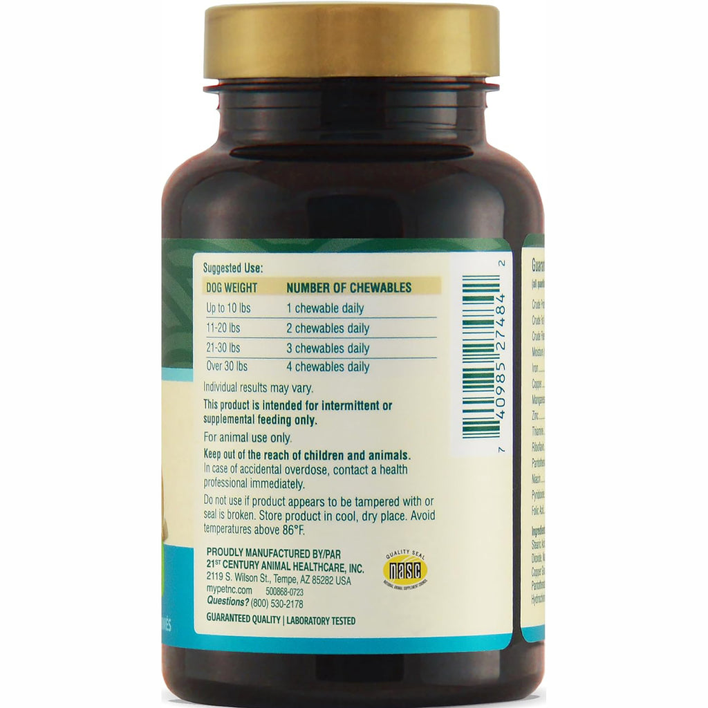 CNT251 | Back of brown supplement bottle label showing feeding chart by dog weight, number of chewables, and barcode - Thumbnail