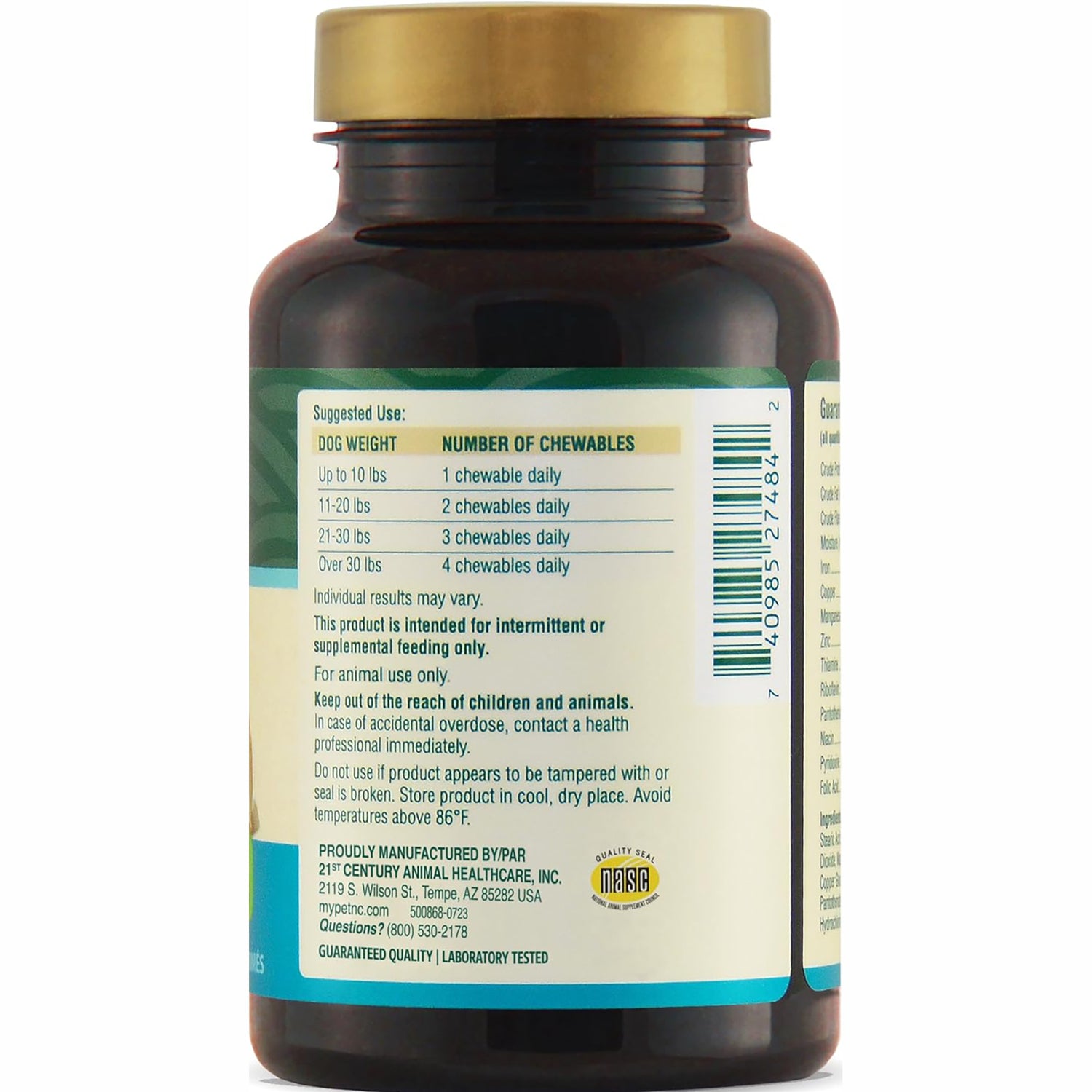 CNT251 | Back of brown supplement bottle label showing feeding chart by dog weight, number of chewables, and barcode