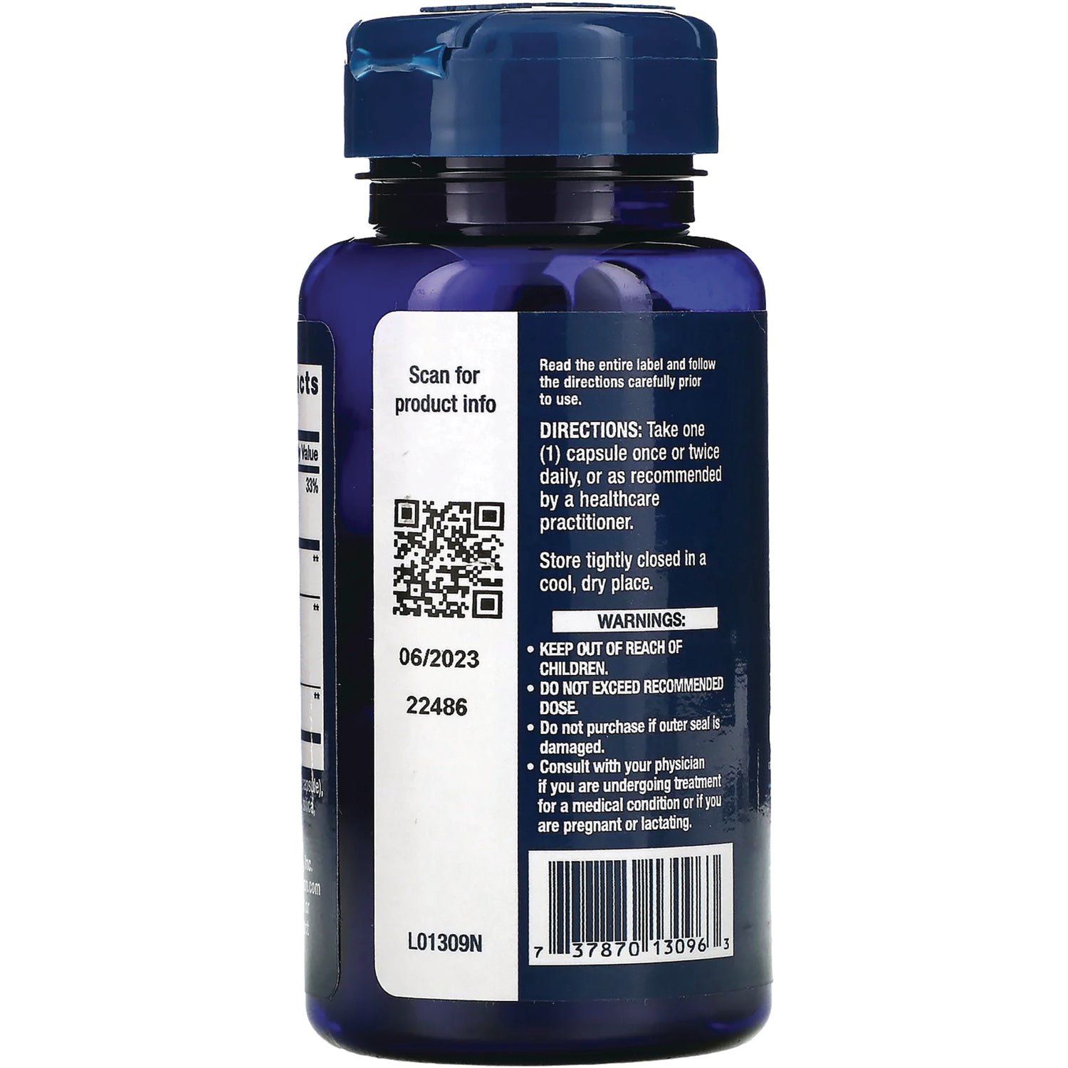 LE014 | Back label of blue supplement bottle showing directions, warnings, QR code, barcode, and lot number