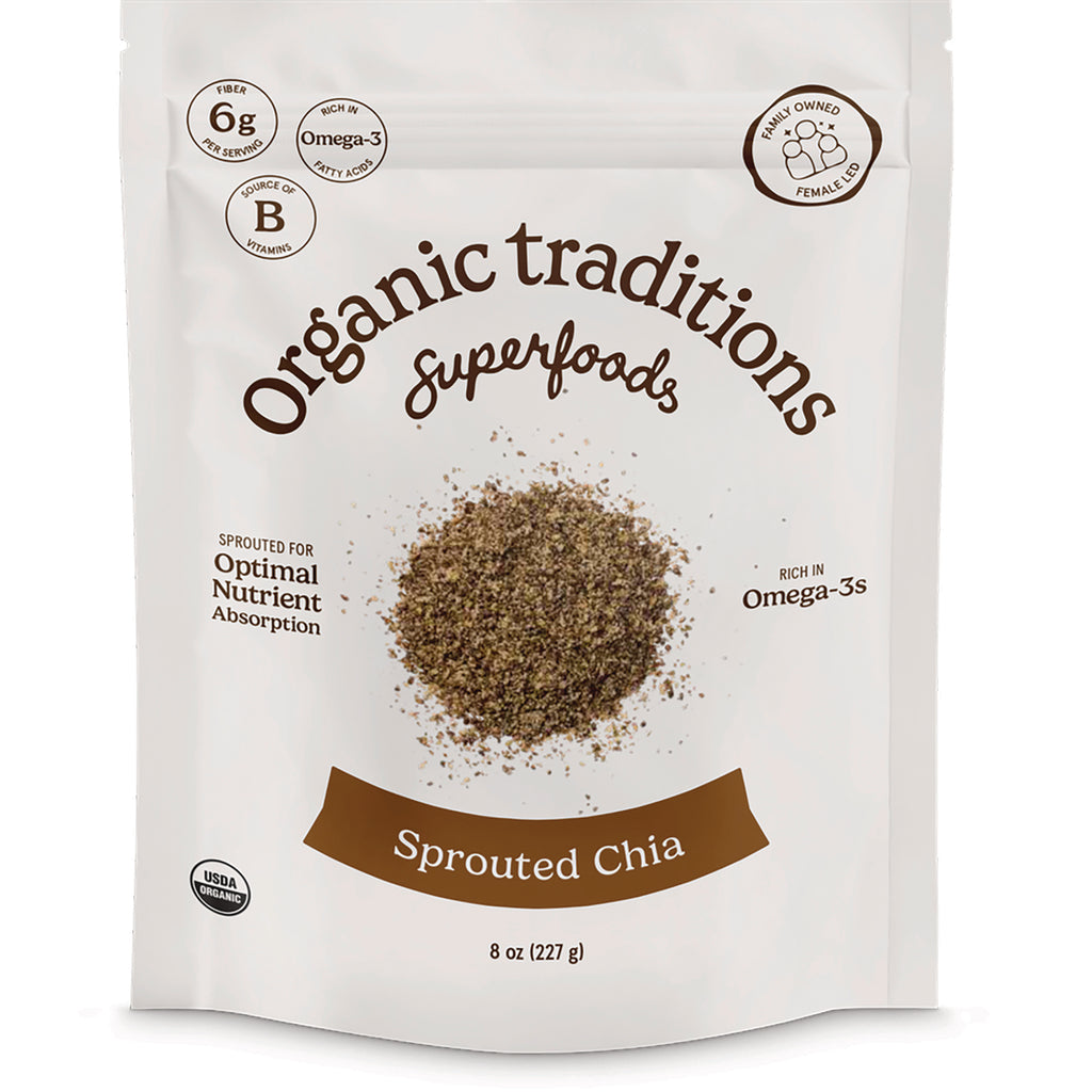 OTR073 | Front pouch of Organic traditions Superfoods Sprouted Chia with chia seed pile and 8 oz (227 g) - Thumbnail