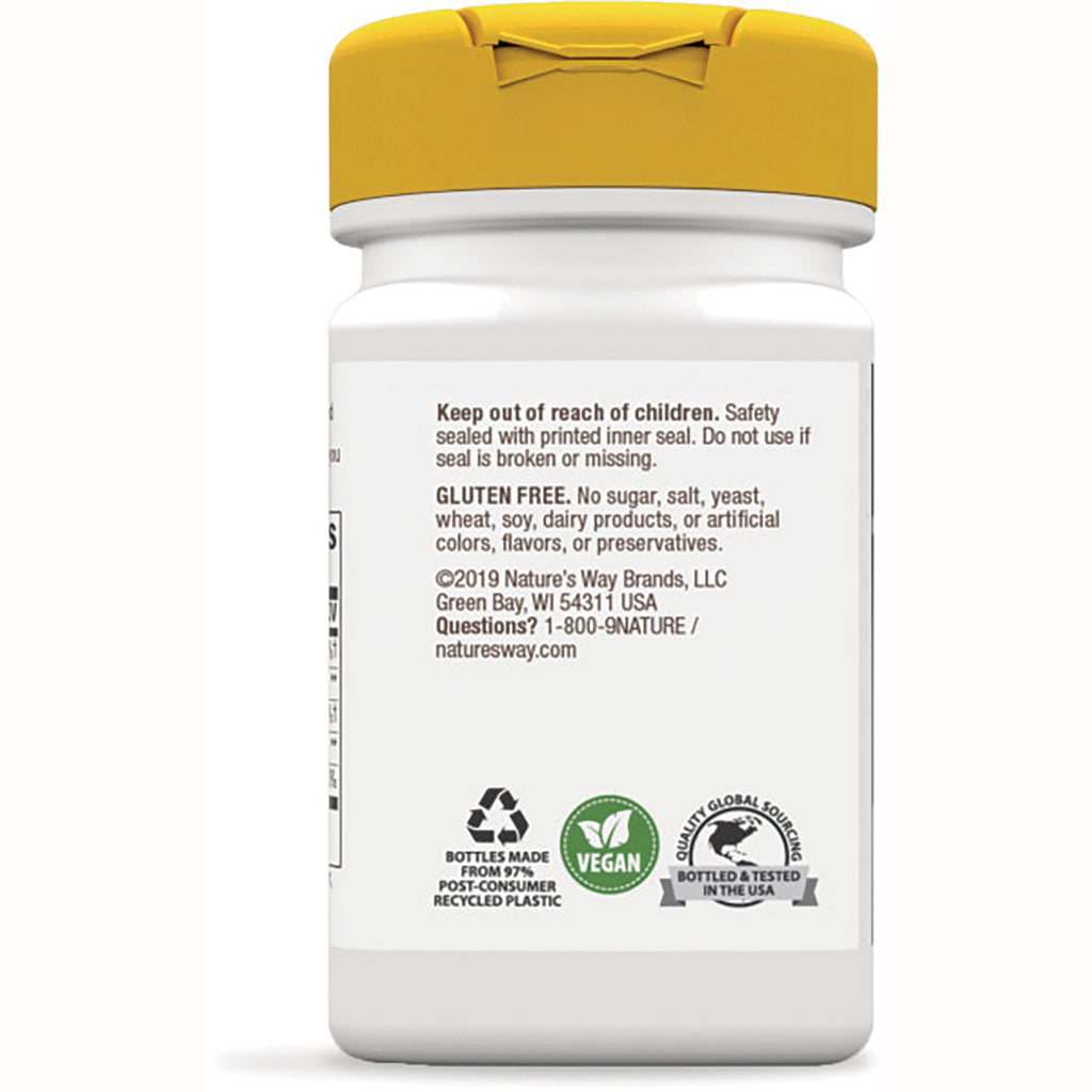 NW321 | back label of white supplement bottle with yellow cap showing safety and gluten free text and vegan and recycling icons - Thumbnail