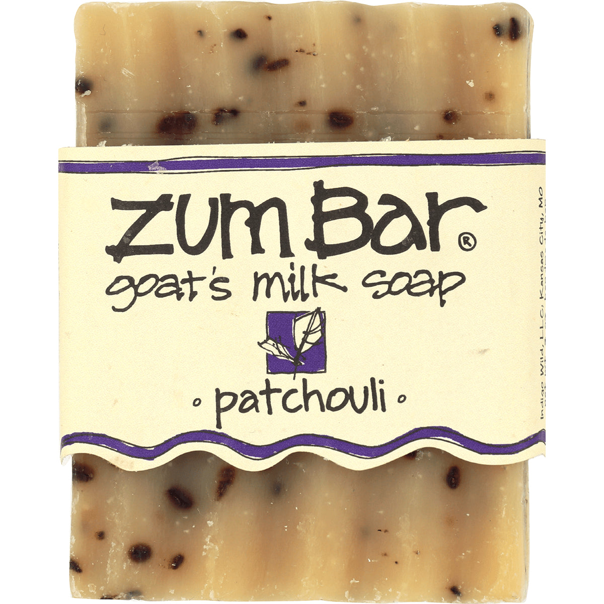 IW024 | Zum Bar goat's milk soap patchouli bar with label reading Zum Bar goat's milk soap patchouli
