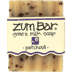 IW024 | Zum Bar goat's milk soap patchouli bar with label reading Zum Bar goat's milk soap patchouli