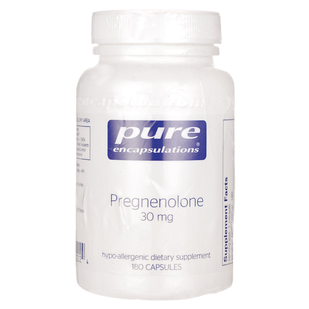 PRN103 | White supplement bottle labeled pure encapsulations Pregnenolone 30 mg, 180 capsules