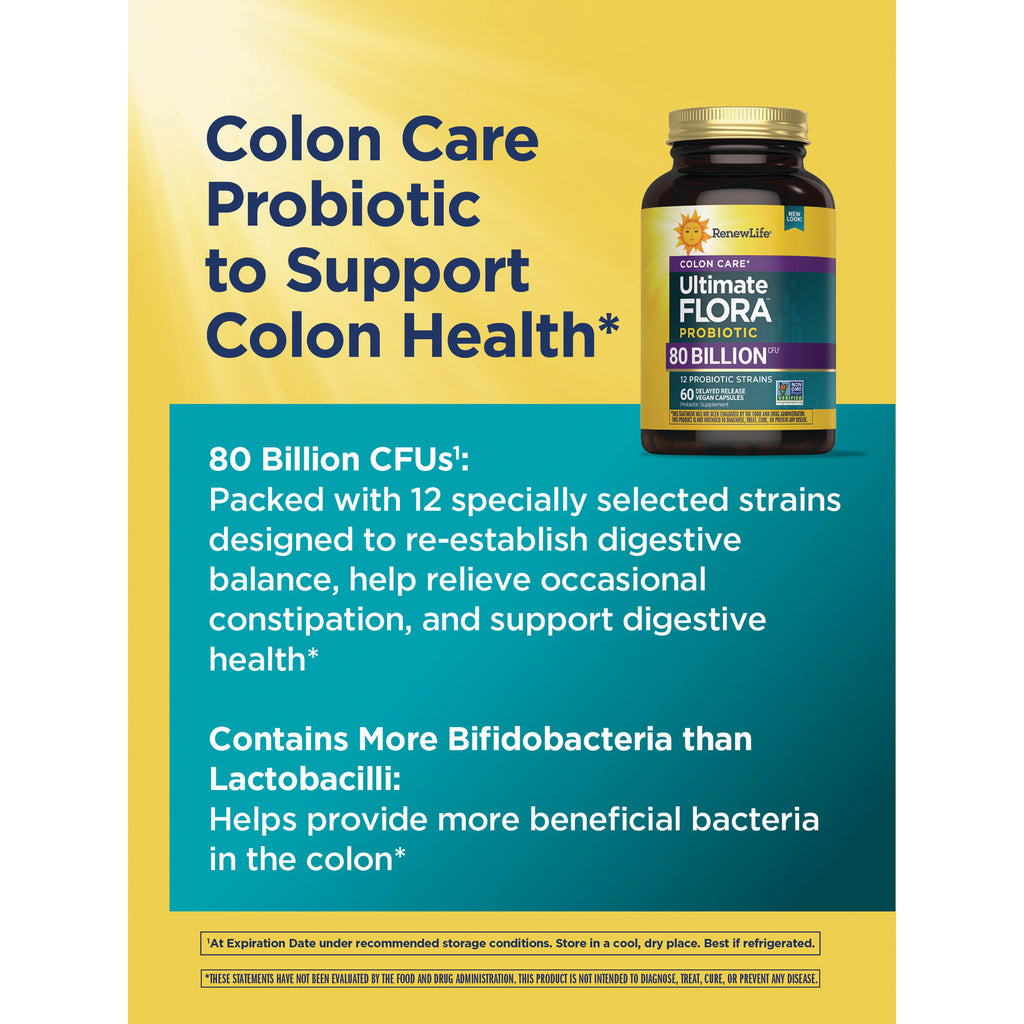 RNL252 | Infographic showing RenewLife Ultimate Flora probiotic bottle and text stating 80 Billion CFUs to support colon health - Thumbnail