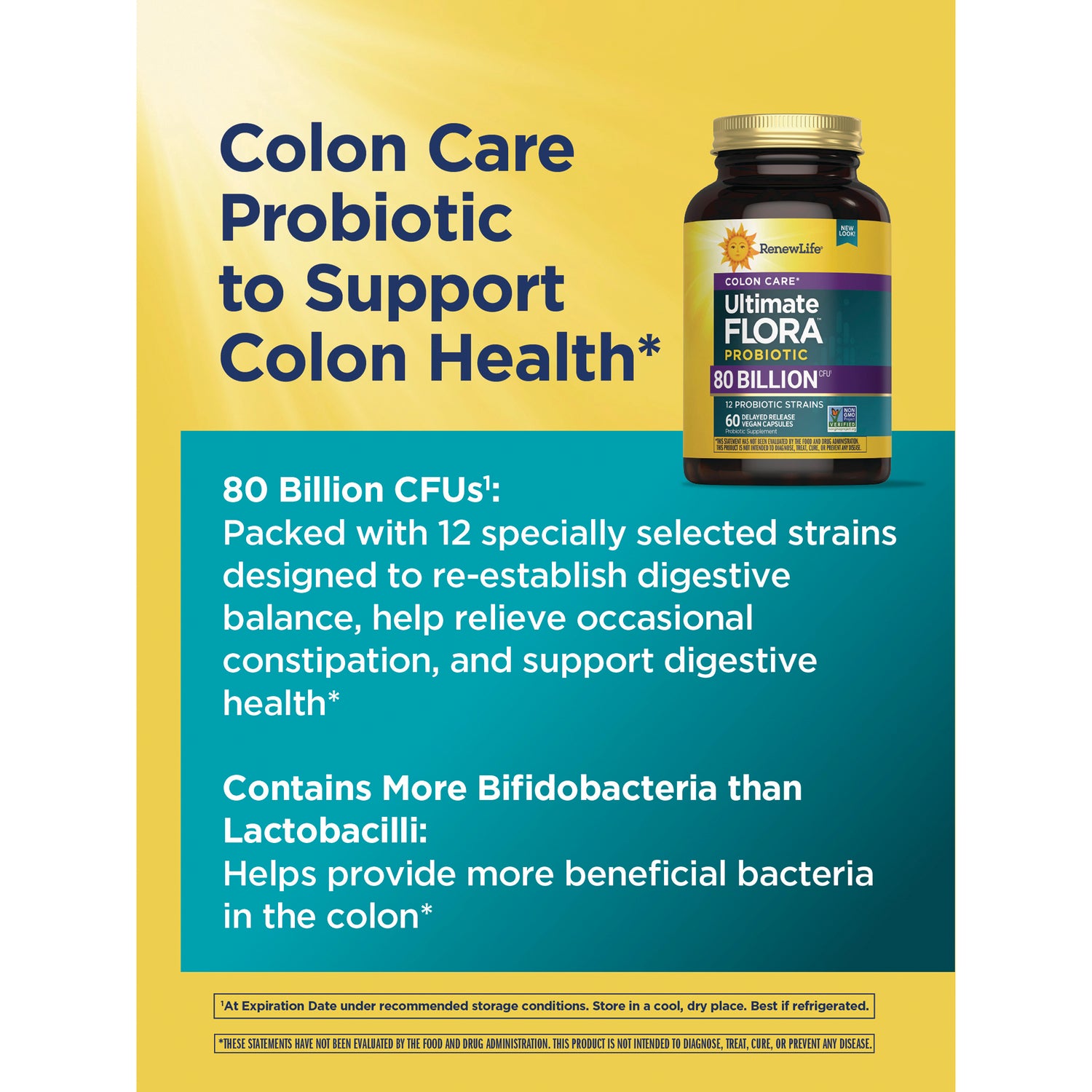 RNL252 | Infographic showing RenewLife Ultimate Flora probiotic bottle and text stating 80 Billion CFUs to support colon health