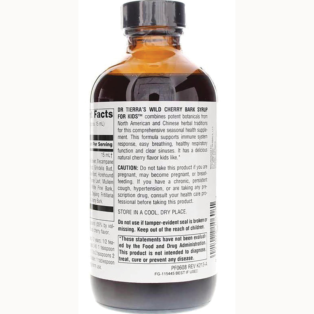 PF257 | Back label of amber syrup bottle showing facts panel, caution, storage instructions and supplement disclaimer - Thumbnail