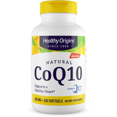 HRG016 | White bottle front labeled Healthy Origins Natural CoQ10 100 mg 150 softgels supports a healthy heart