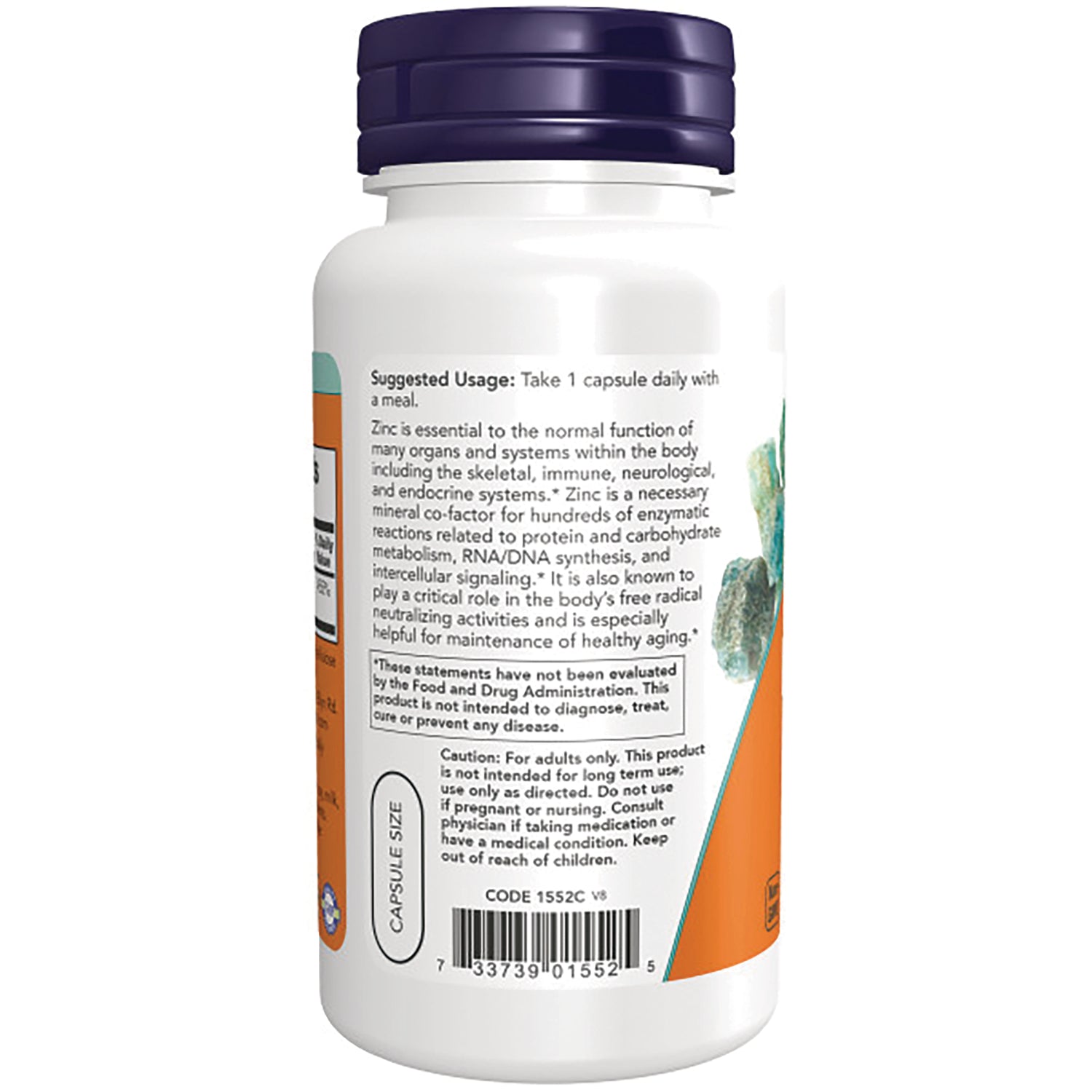 NWF1121 | back of white supplement bottle showing suggested usage, caution text and barcode
