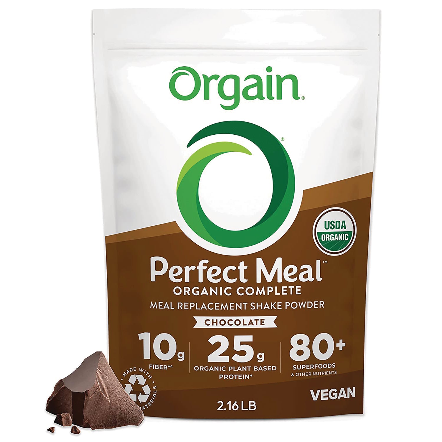 OGN008 | Orgain Perfect Meal organic complete chocolate meal replacement shake powder front pouch 2.16 lb USDA Organic vegan