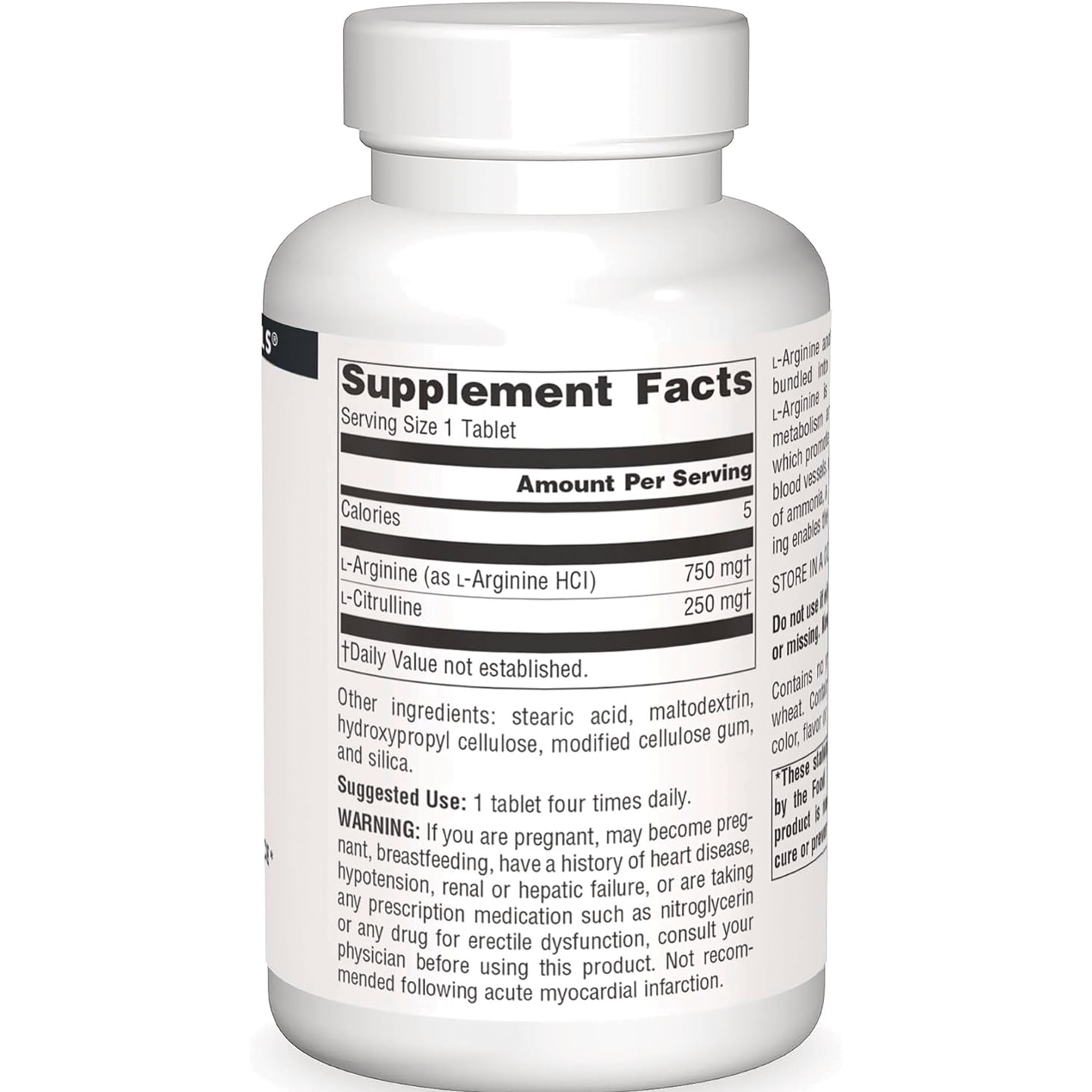 SN243 | Back label showing Supplement Facts with L-Arginine (as L-Arginine HCl) 750 mg and L-Citrulline 250 mg