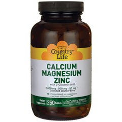 CRL506 | Country Life Calcium Magnesium Zinc supplement amber bottle label showing 250 tablets