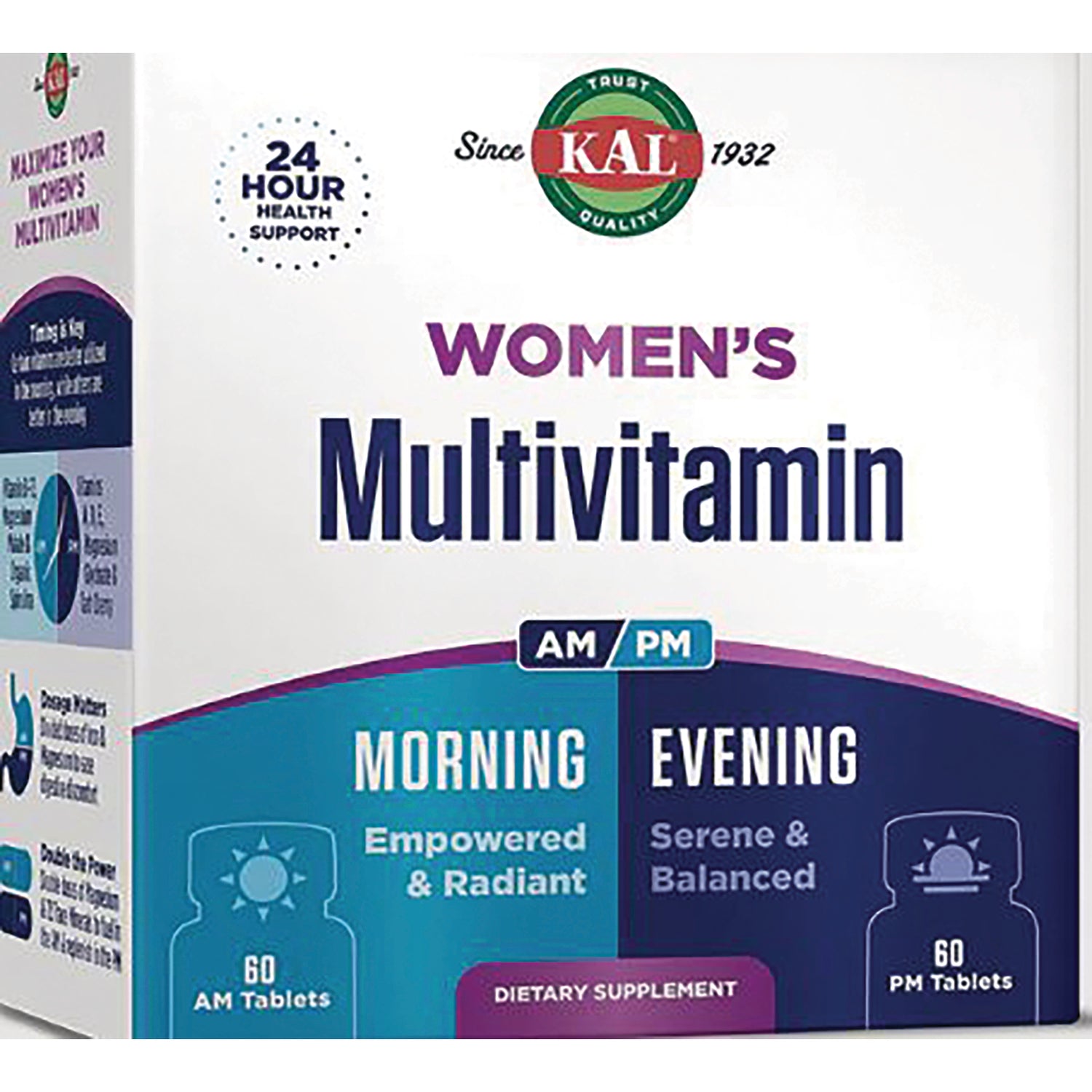 KL567 | KAL Women's Multivitamin front packaging with AM/PM morning and evening sections and 60 AM and 60 PM tablets