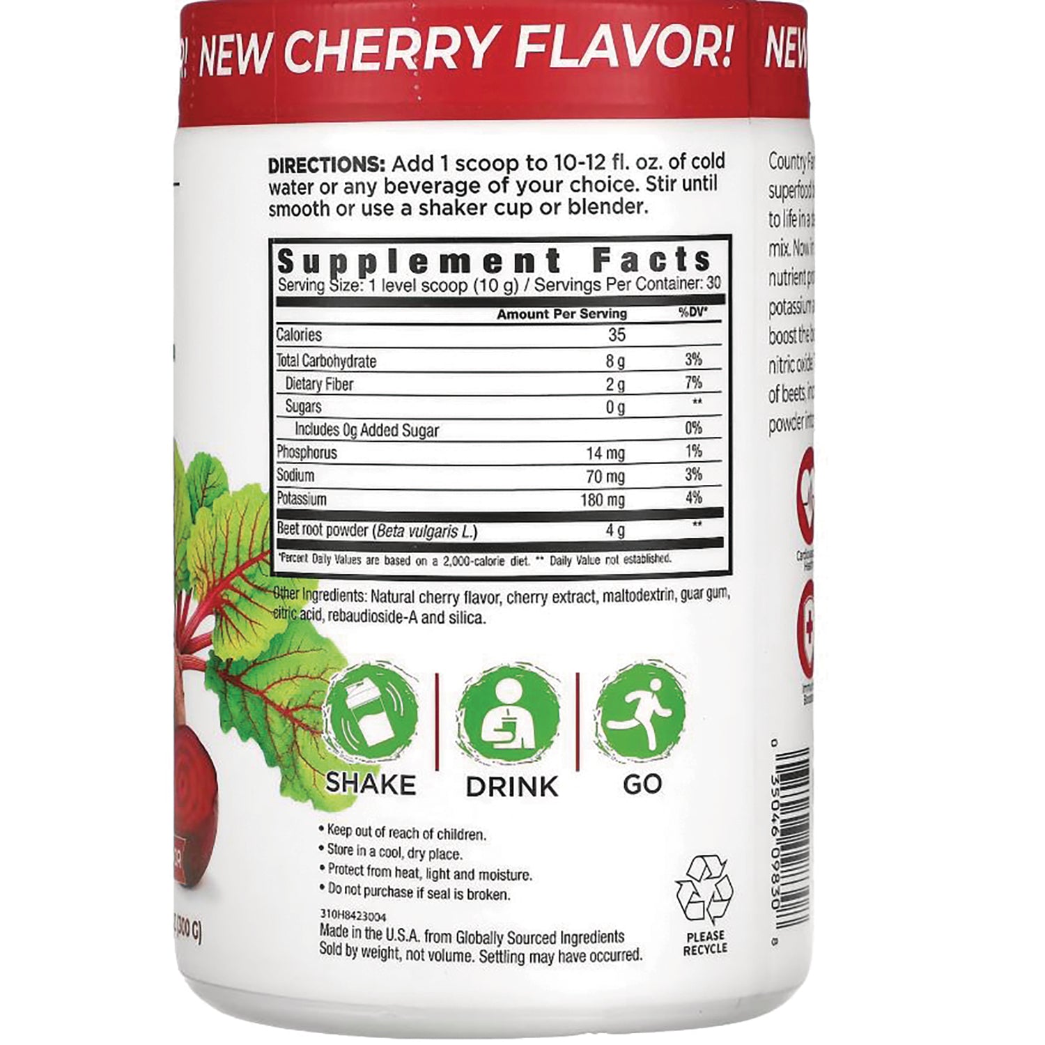 CFR008 | back label showing Supplement Facts, directions, SHAKE DRINK GO icons and new cherry flavor banner