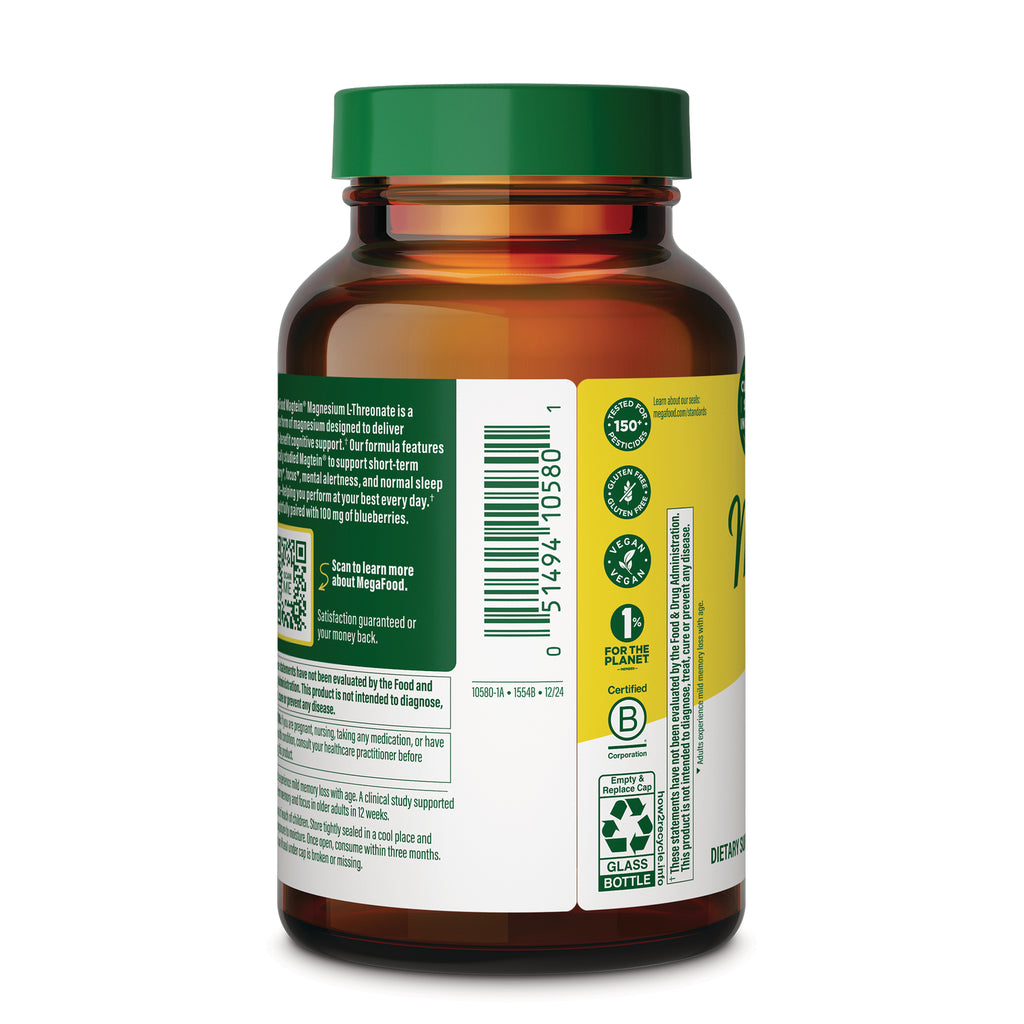 MGF142 | Back of amber supplement bottle showing barcode, ingredients panel, certification icons and recycling symbol - Thumbnail