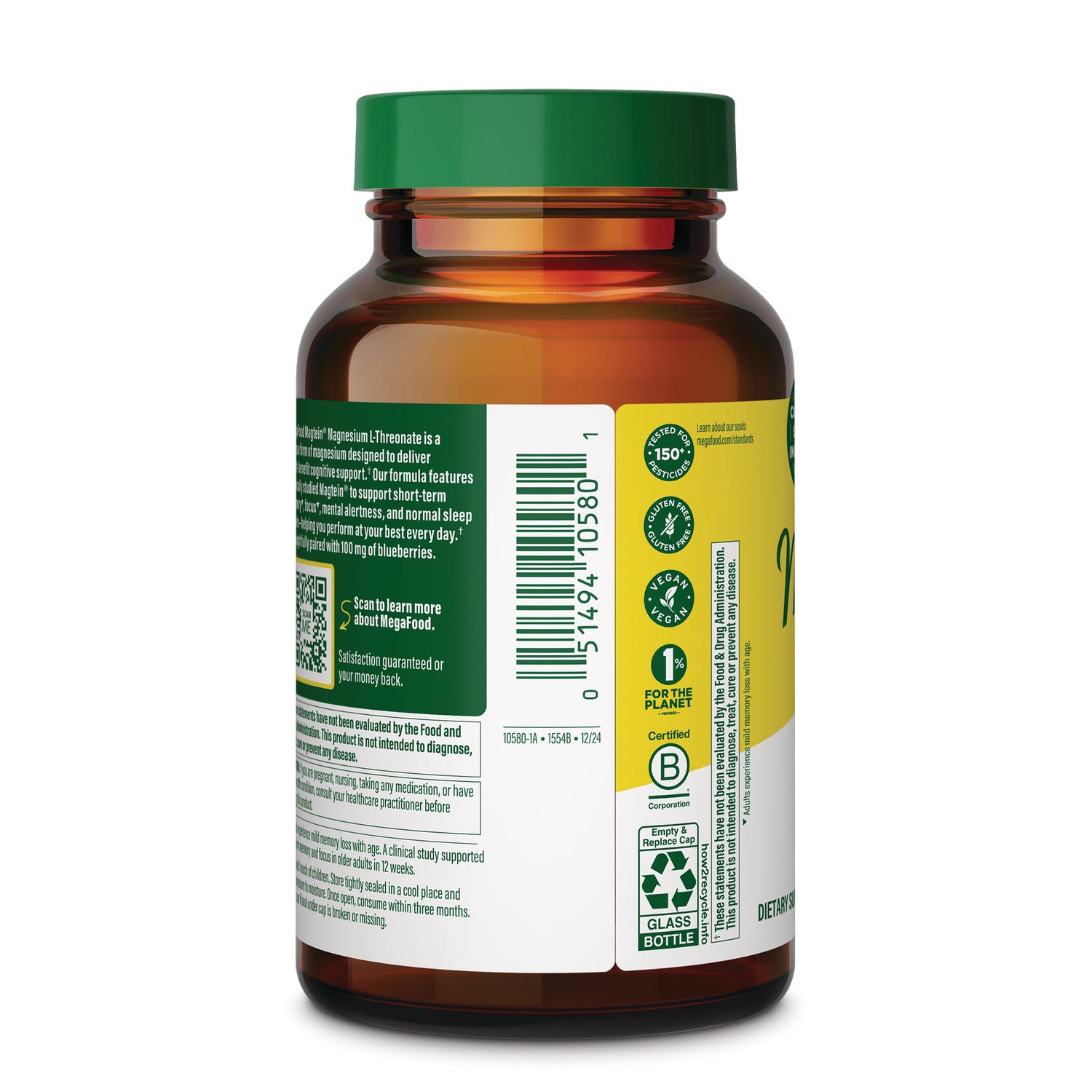 MGF142 | Back of amber supplement bottle showing barcode, ingredients panel, certification icons and recycling symbol