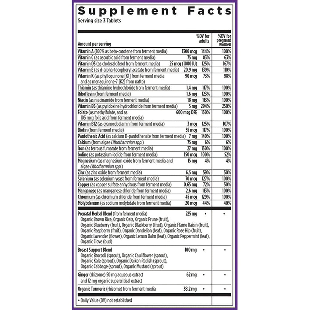 NWC148 | Supplement Facts panel showing vitamins, minerals, and prenatal and herbal blend details - Thumbnail