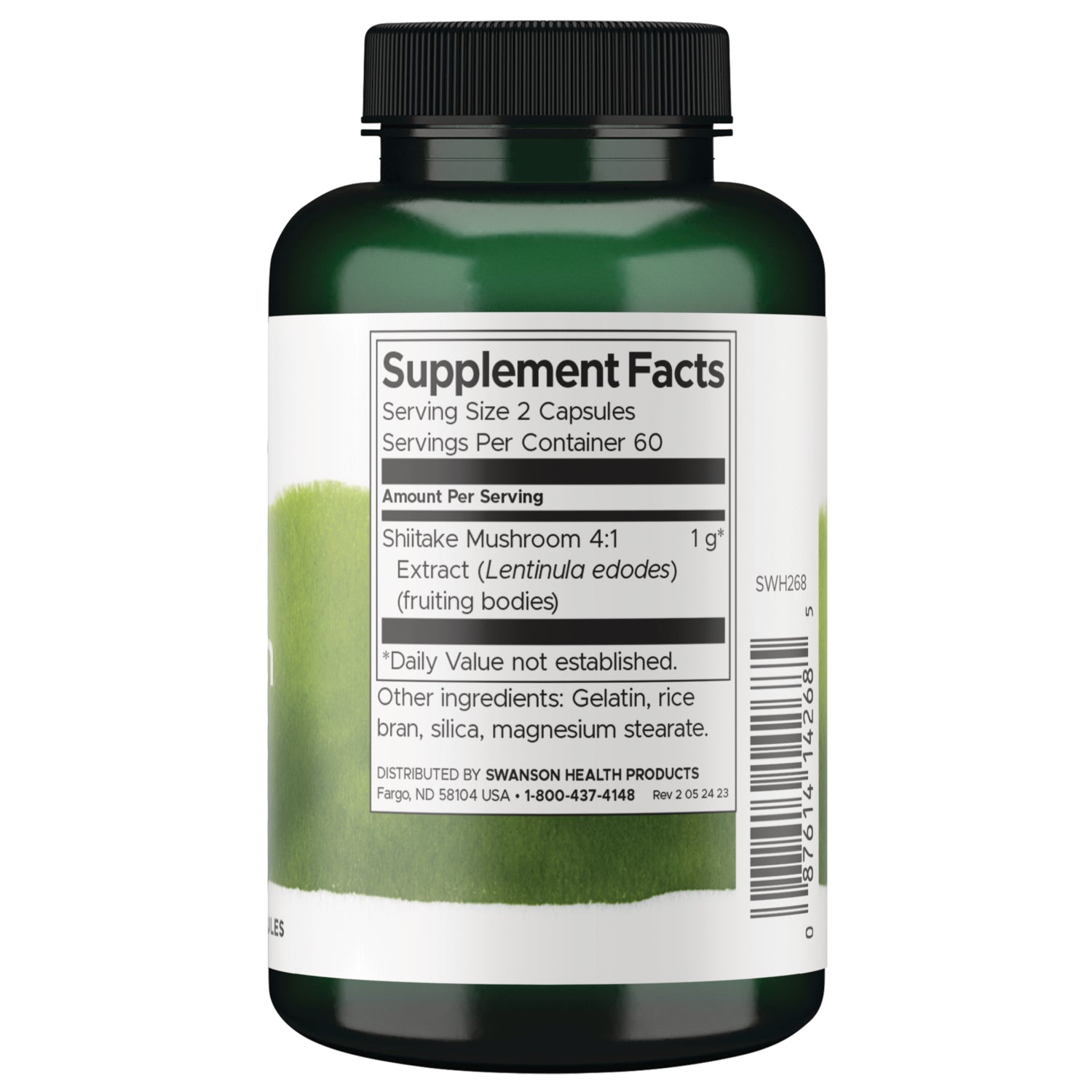 SWH268 | Supplement Facts panel: serving size 2 capsules, 1 g shiitake mushroom extract