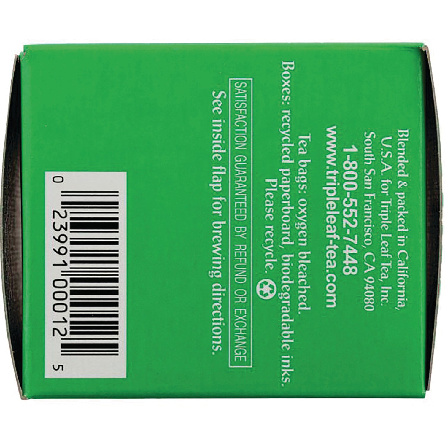 TLT009 | Back panel of Triple Leaf Tea box with barcode, recycle icon, 1-800-552-7448, and www.tripleleaf-tea.com