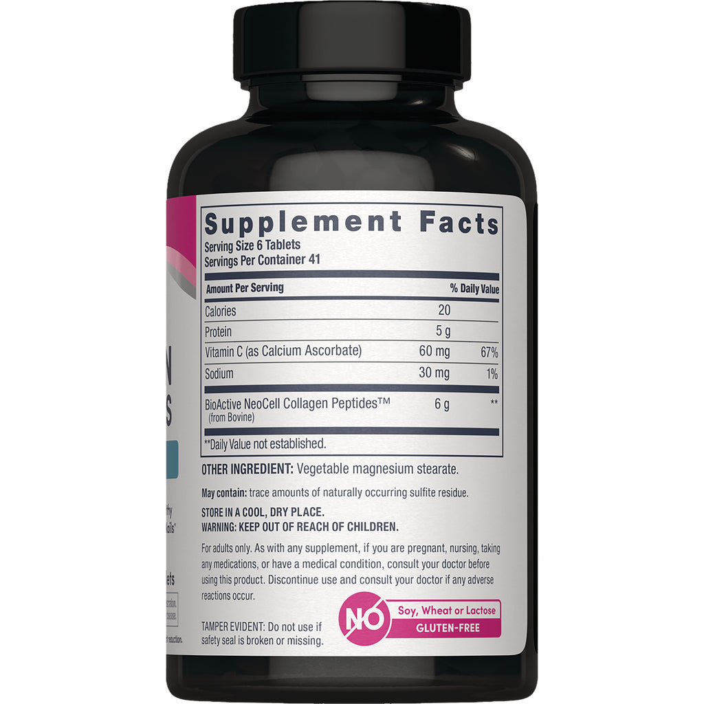 NEC042 | Back label showing Supplement Facts and ingredients, serving size 6 tablets, collagen peptides and warnings - Thumbnail