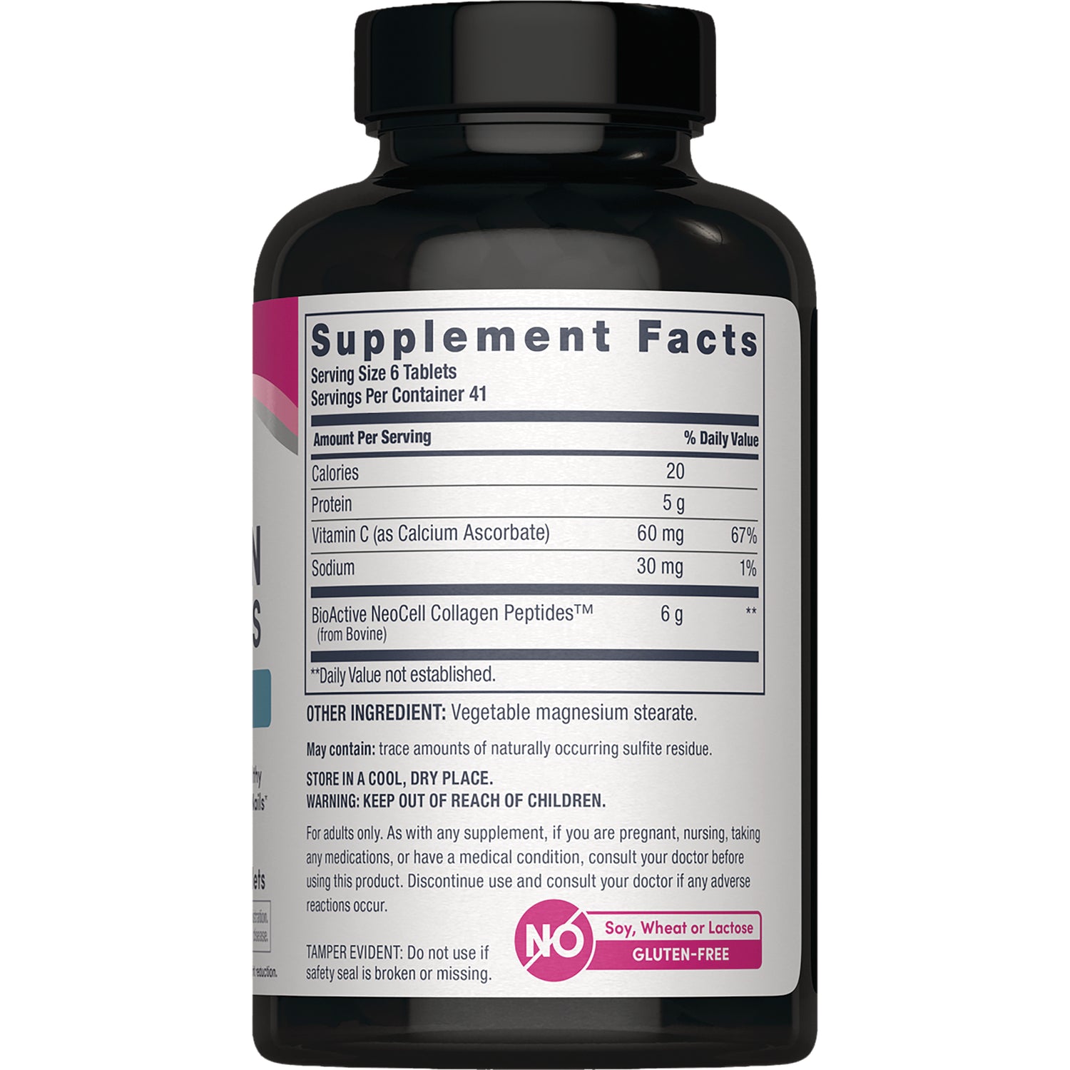 NEC042 | Back label showing Supplement Facts and ingredients, serving size 6 tablets, collagen peptides and warnings