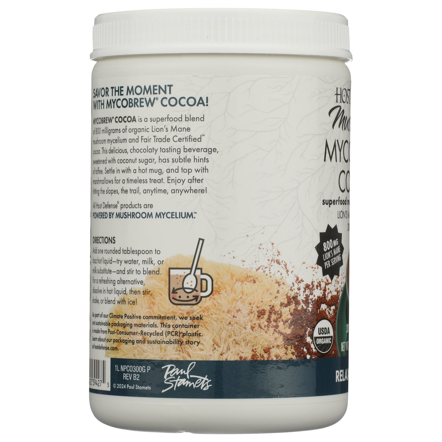 FUN017 | product infographic back label with directions text, mug icon, shredded mushroom and cocoa powder, barcode and USDA Organic badge