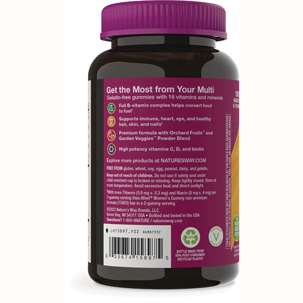 NW855 | Back label of purple-capped supplement bottle showing benefits text, barcode, and recycling icons - Thumbnail