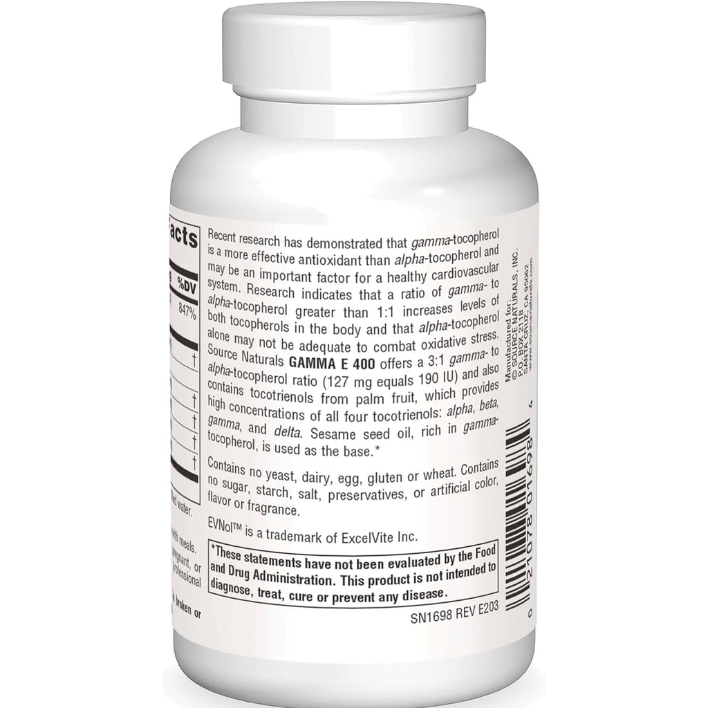 SN292 | Back label with supplement facts, gamma E 400 description, ingredients, and barcode - Thumbnail