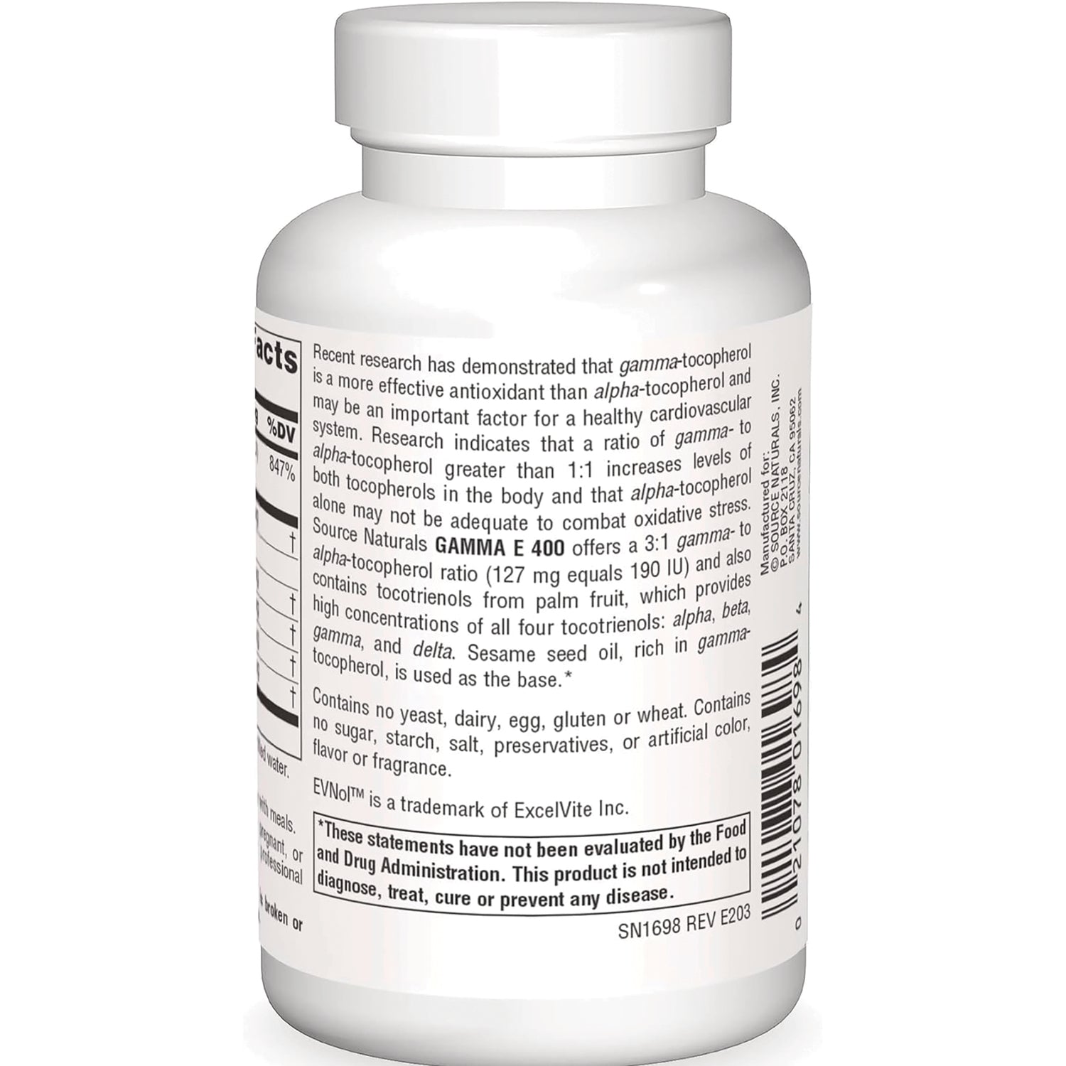 SN292 | Back label with supplement facts, gamma E 400 description, ingredients, and barcode