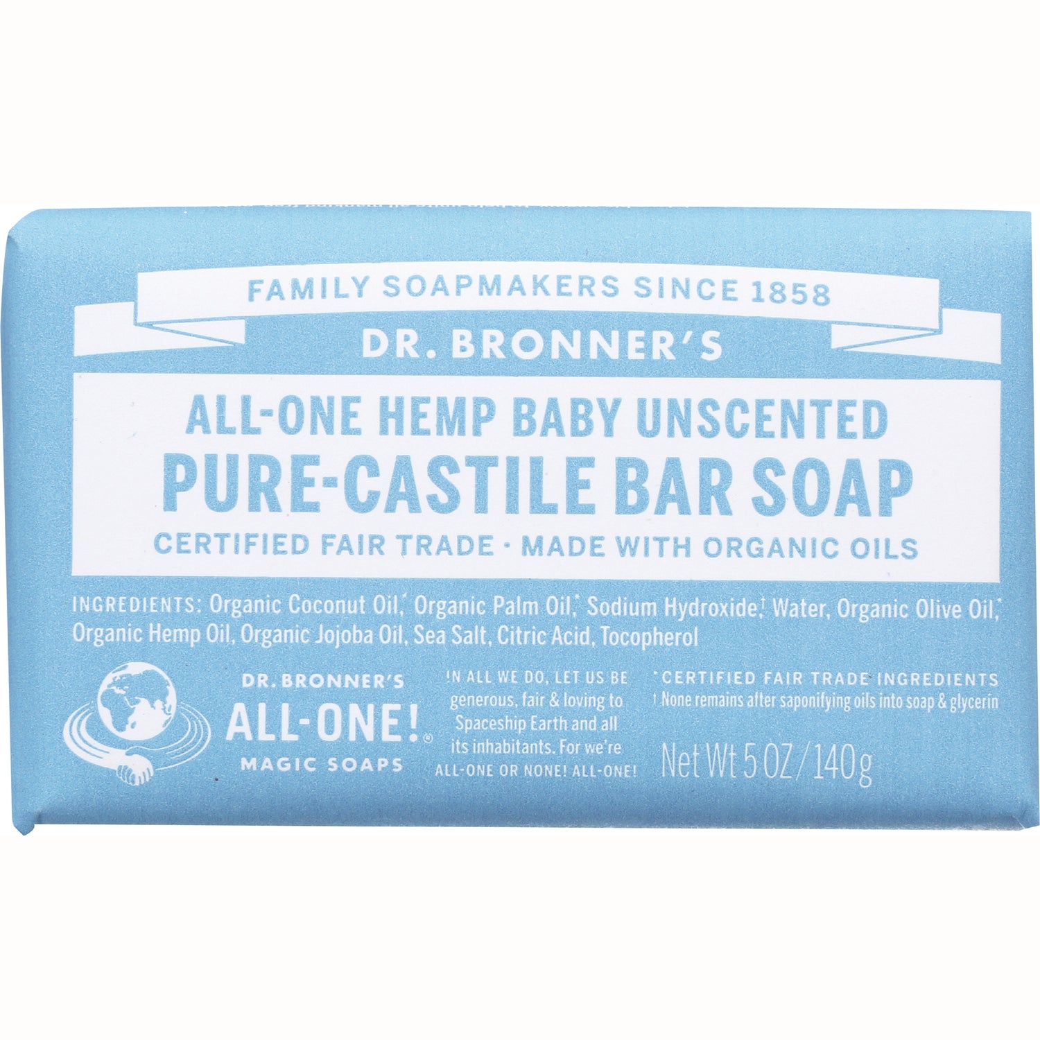 DRB018 | Dr. Bronner's All-One Hemp Baby unscented pure-castile bar soap blue wrapper showing front label and ingredients