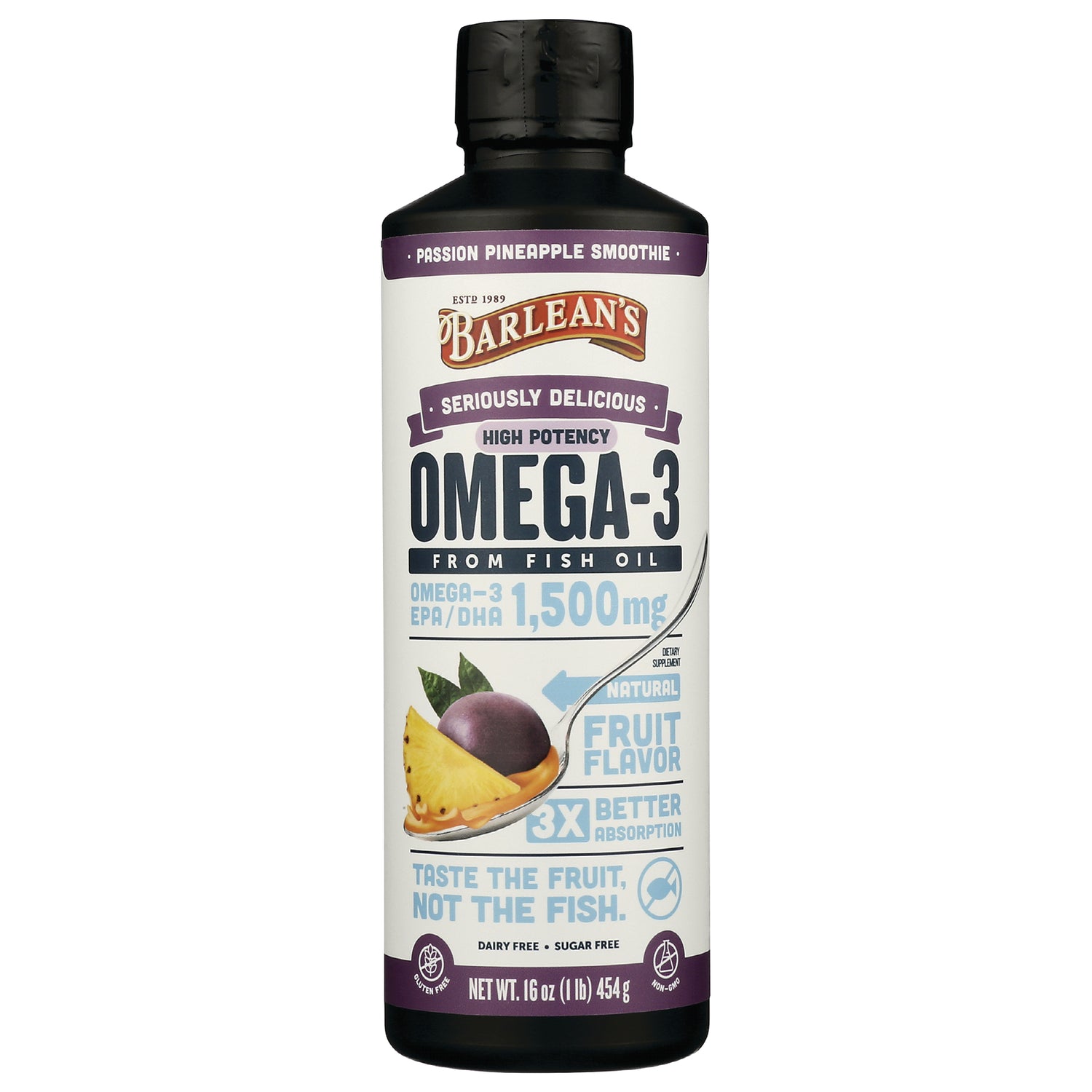 BAR107 | Barlean's Omega-3 liquid fish oil bottle, passion pineapple fruit flavor, 1,500 mg, 16 oz