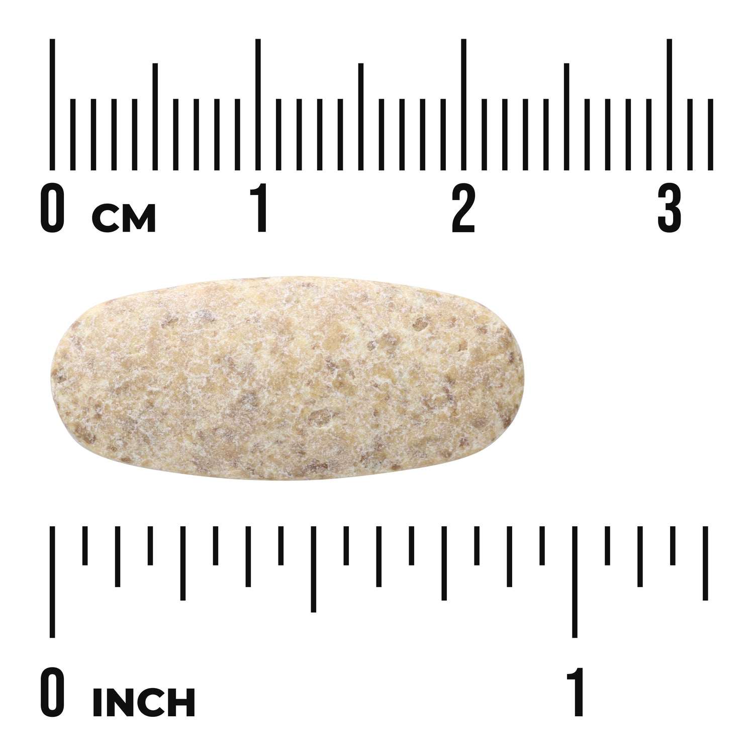 SW1720 | Oval speckled tablet shown with rulers in cm and inches to illustrate size