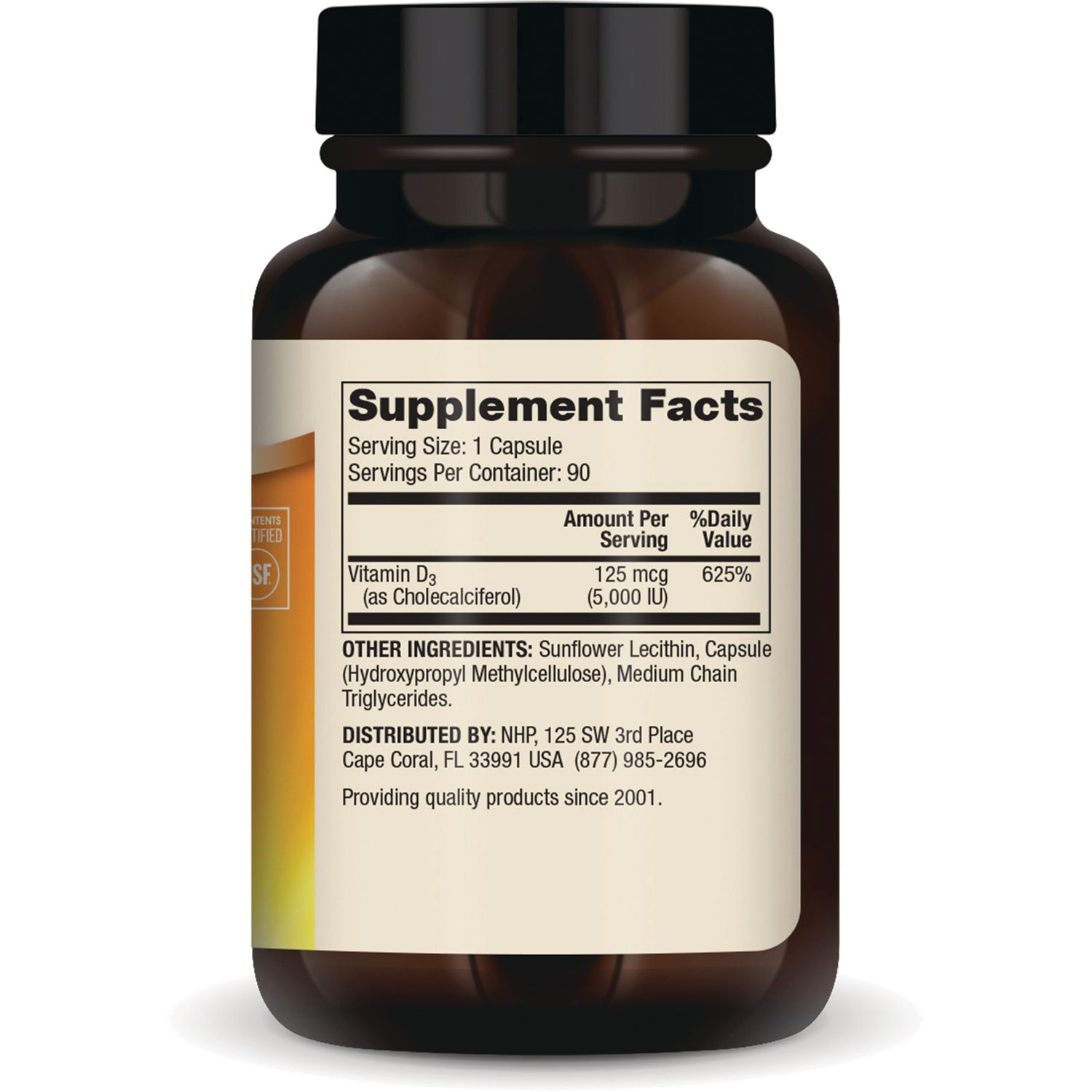 MRC110 | Back label of brown supplement bottle showing Supplement Facts with Vitamin D3 125 mcg (5,000 IU), serving size 1 capsule, 90 servings