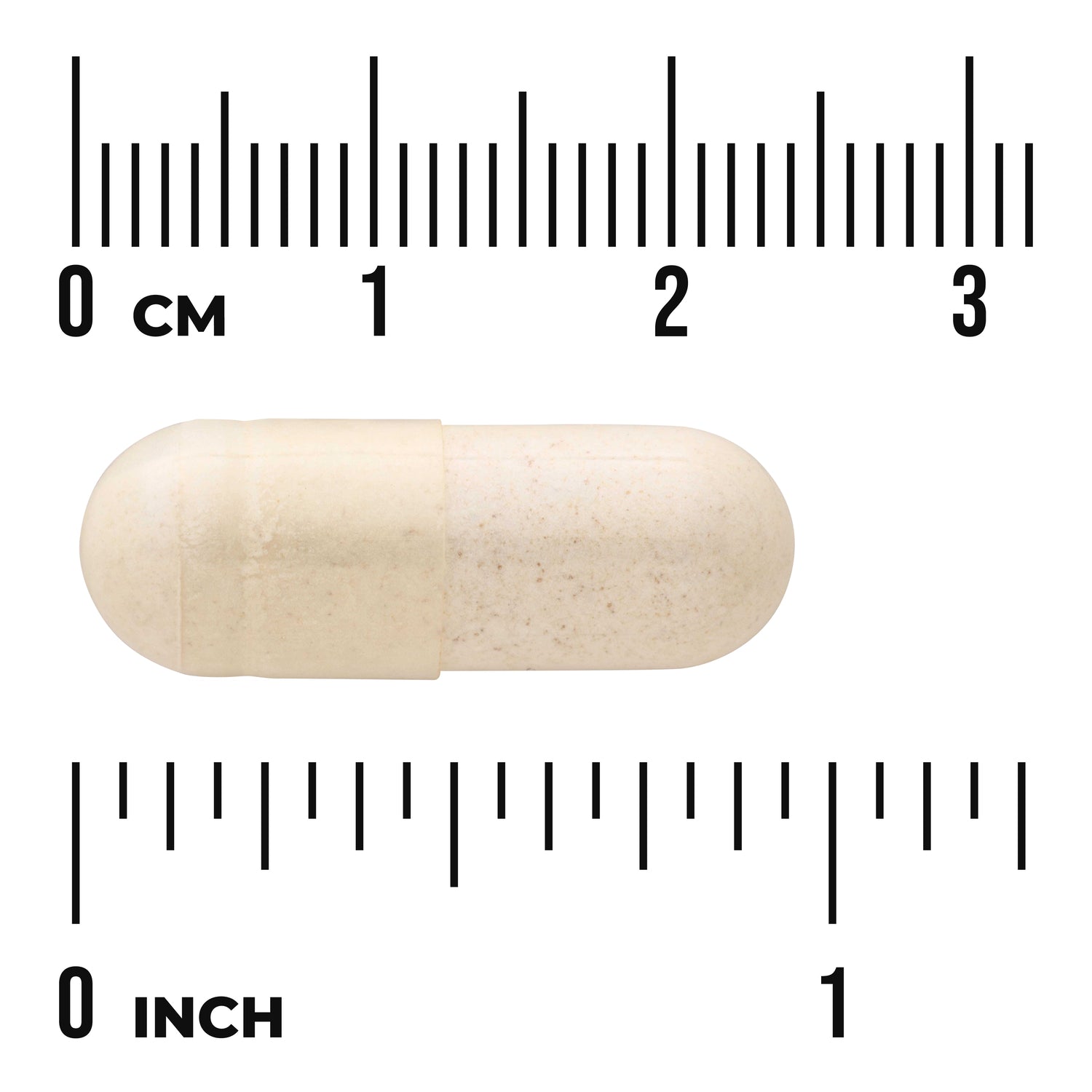 SWU1019 | Off-white capsule centered on centimeter and inch rulers showing approx 1 inch length