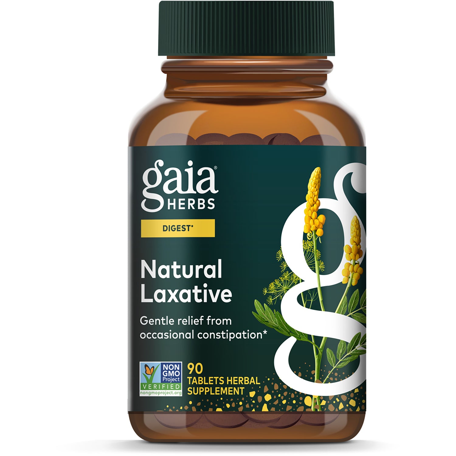 Gaia Herbs brown supplement bottle labeled Natural Laxative with yellow flower, 90 tablets