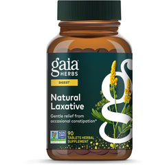 Gaia Herbs brown supplement bottle labeled Natural Laxative with yellow flower, 90 tablets